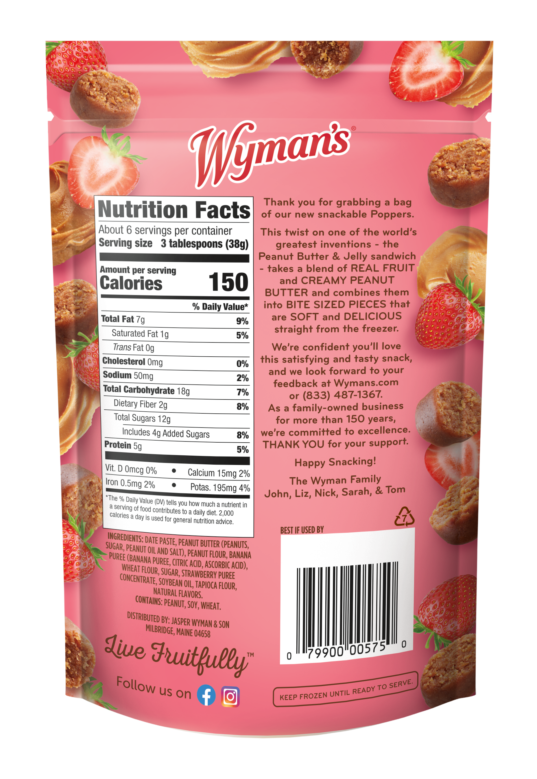 Wyman's Fruit & Peanut Butter Poppers - Peanut Butter & Strawberry Flavored Package Back