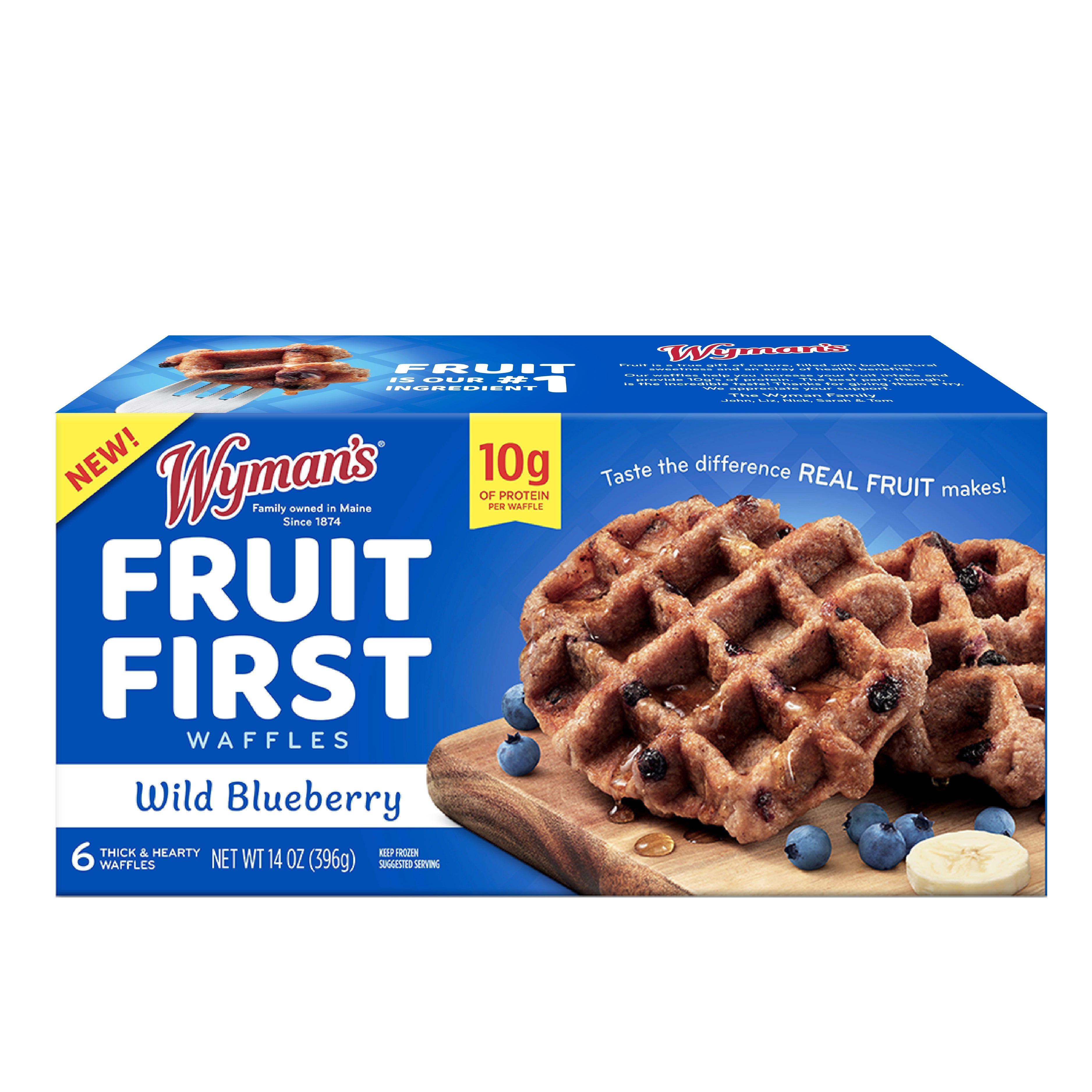 Full box view of the new Wyman's Blueberry Fruit First Waffles