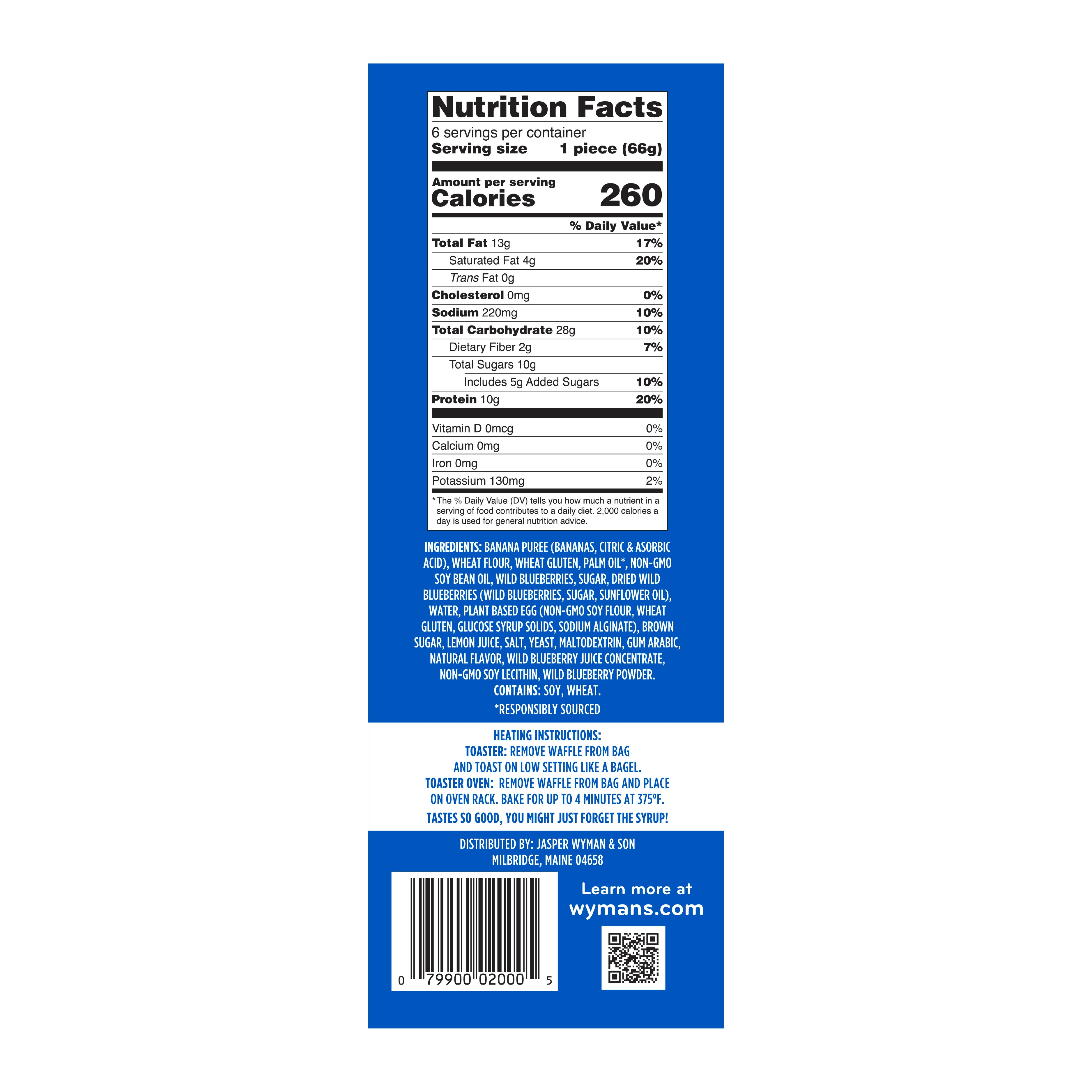 Nutritional Facts, Ingredients list, and heating instructions for Wyman's Fruit First Wild Blueberry Waffles