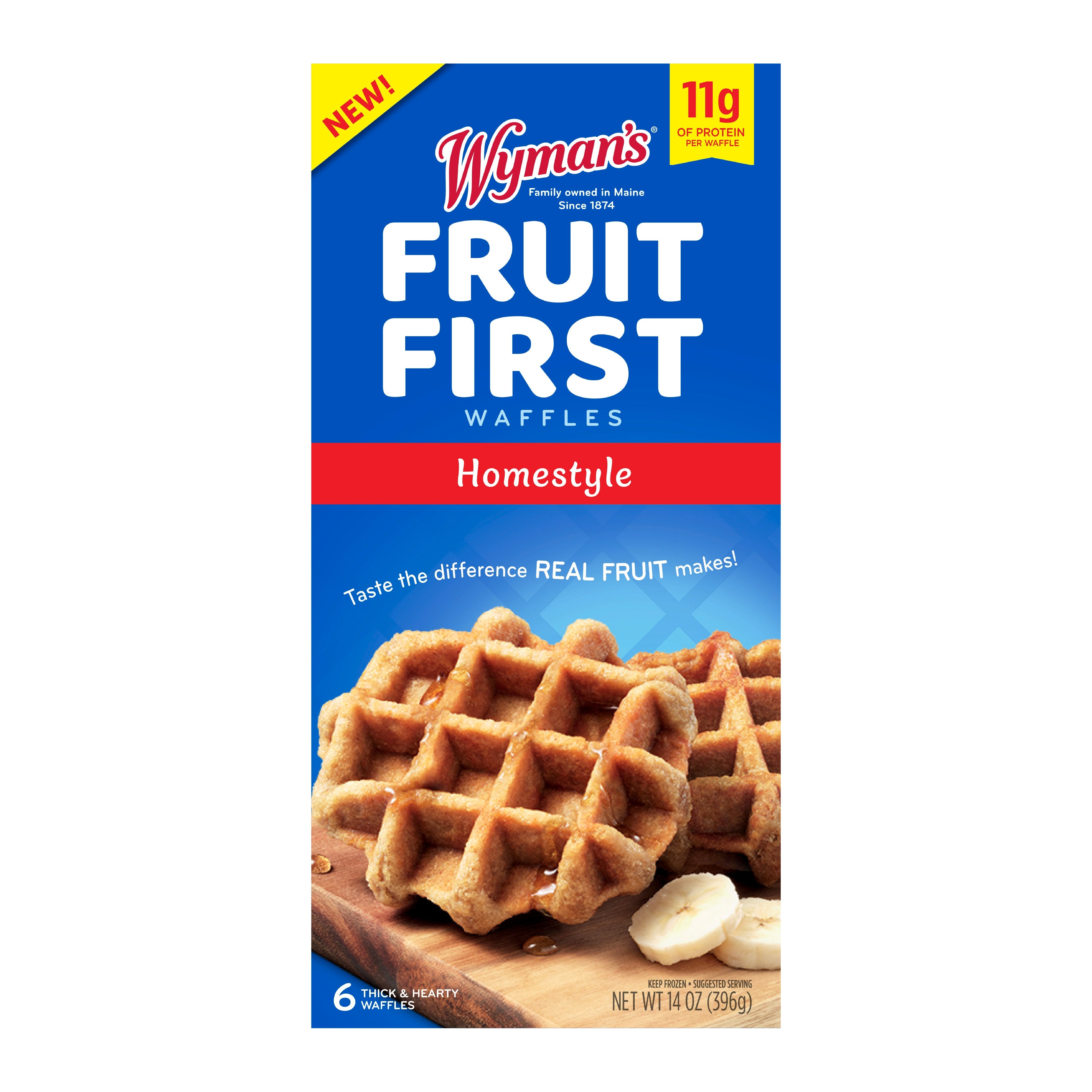 Front view of the Fruit First Homestyle Waffles by Wyman's of Maine